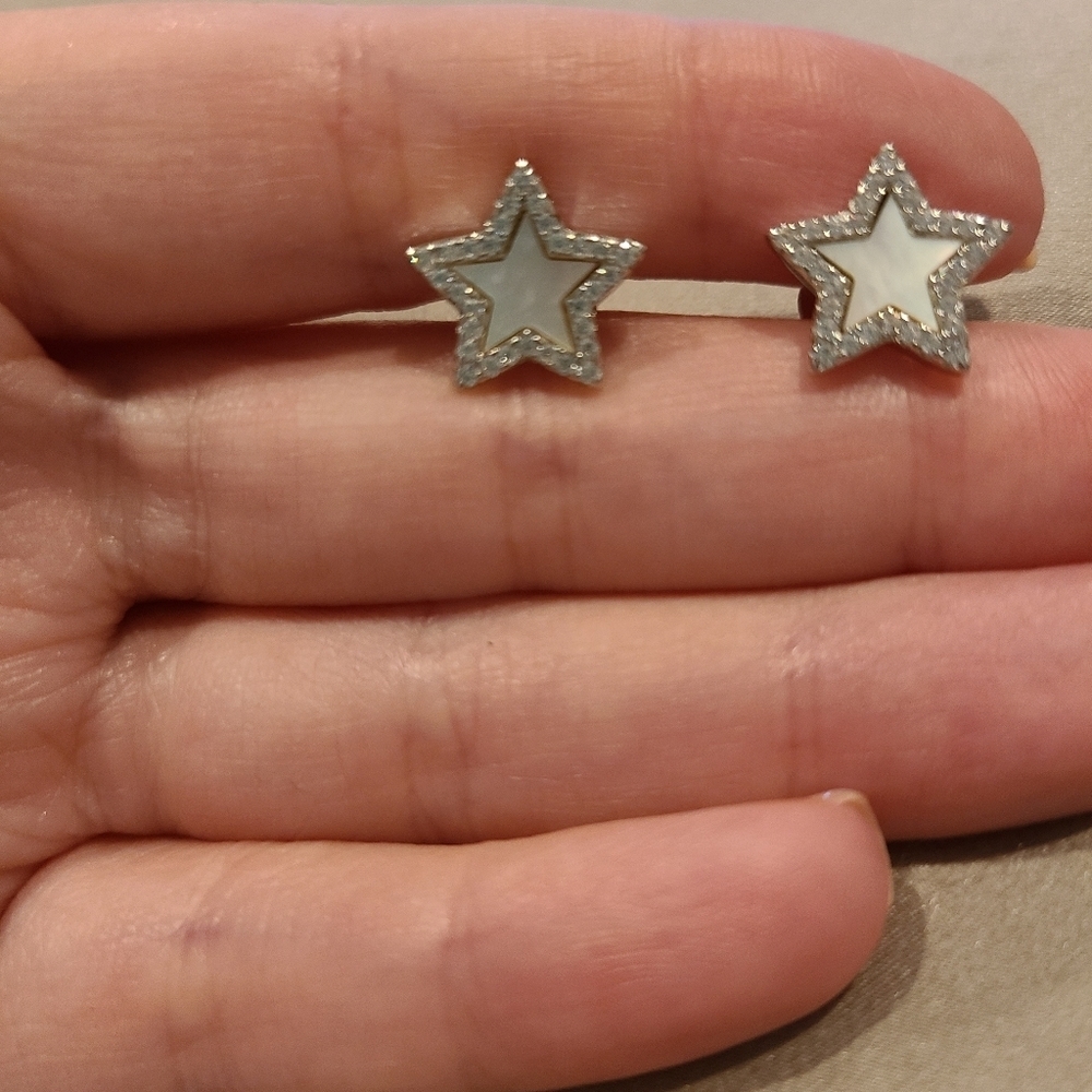Cubic zirconia mother of pearl star shape sterling silver earrings